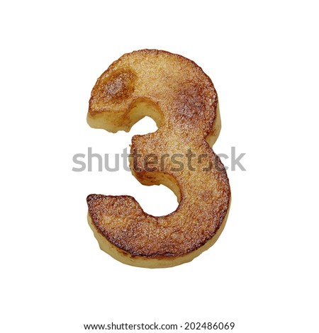 French fries font number 3. Potato font isolated on white background.
