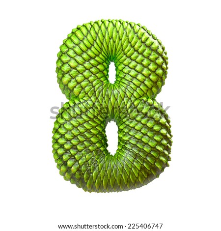 Number 8. Dragon skin alphabet isolated on white. Snake skin font, reptile scale.