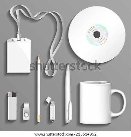 Blank white Cup, Lighter, Pen, Pencil, Disk, USB Storages and Badge for Business Branding and Corporate Identity. Isolated on Gray