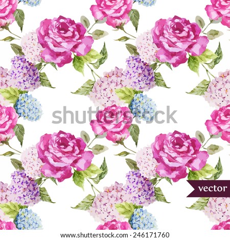 hydrangea, roses, flowers, watercolor, pattern, wallpaper