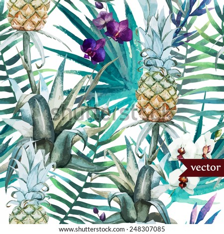 watercolor, tropical, pineapple, orchid, exotic, pattern
