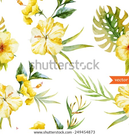 watercolor, hibiscus, yellow, palm, tropical, pattern