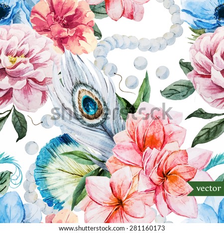 watercolor vector pattern plumeria flowers and peacock feathers, beads