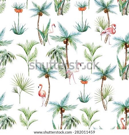watercolor tropical pattern, palm trees and flamingos white background