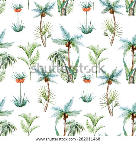 watercolor tropical seamless retro pattern, palm trees and flamingos