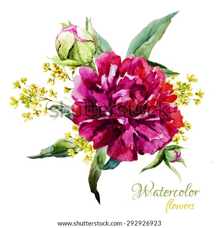 vector watercolor bouquet composition peony flowers, yellow flowers and leaves, isolated object