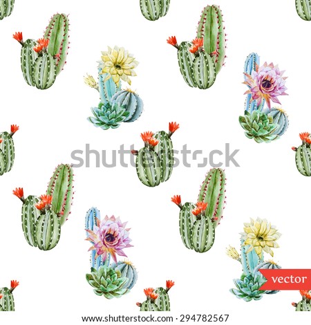 watercolor vector pattern tropical cactus, cactus with red flowers, yellow flowers