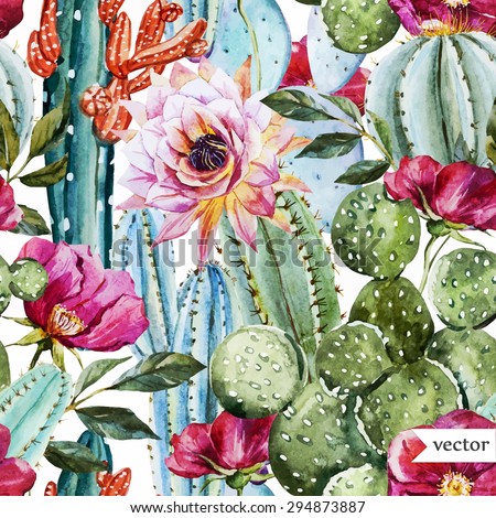 watercolor vector pattern with flowers roses and cactus, bright tropical pattern