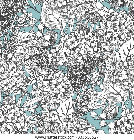 Seamless vector floral pattern, hydrangea flowers, lilac, vintage wallpaper, gentle background, hyacinth flower,