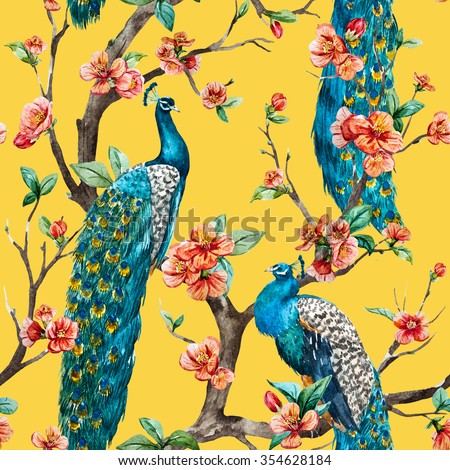 watercolor seamless pattern with peacock on a tree cherry, flowering trees, tree with flowers, yellow background