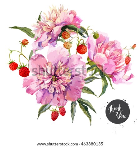 watercolor vector floral botanical card , flower pink peony and strawberries,