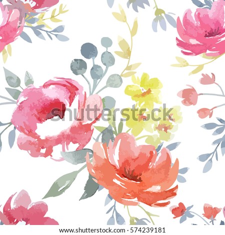 Vector watercolor  floral pattern, delicate flowers, yellow,  pink Roses  flowers