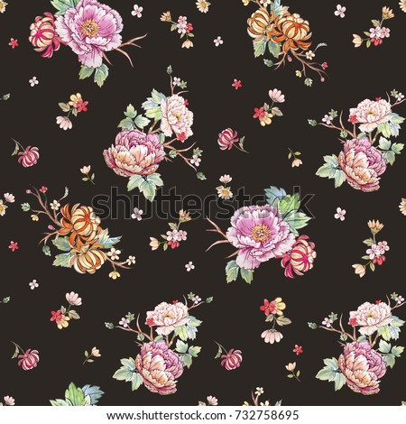 Watercolor floral pattern, peony flowers, orange chrysanthemum, leaves and sakura branches. gentle Japanese pattern. cherry blossom wallpaper.  dark background