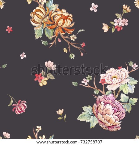 Watercolor floral pattern, peony flowers, orange chrysanthemum, leaves and sakura branches. Japanese painting . dark background