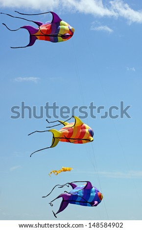 Three colorful fish shaped kites fly in a blue sky
