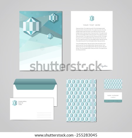Corporate identity design template. Documentation for business (folder, letterhead, envelope, notebook and business card). Geometric light blue abstract design. Perfect for your business.
