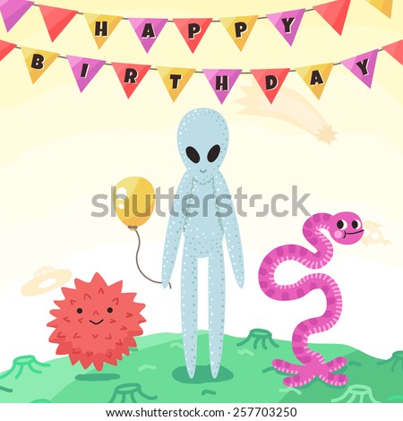 Birthday party funny space greeting card with cartoon aliens and monsters. For kids and adults.
