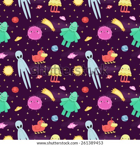 Seamless vector space pattern with cute and funny cartoon aliens and monsters. For kids and adults.