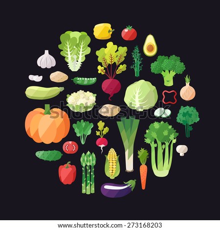 Vegetable vector circle background. Modern flat design. Healthy food background.