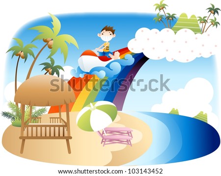 Exciting Summer Vacation and Happy Travel - playing water recreation with cute funny young boy in beautiful tropical paradise resort background with blue sky and pretty scenery