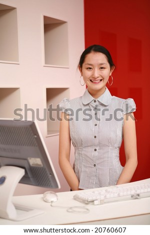 Attractive Asian young Career Woman - beautiful happy smiling with friendly and professional businesswoman on white and red wall background