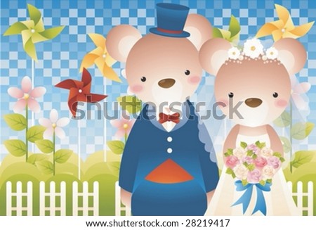 stock vector Happy and Cute Young Wedding Couple with beautiful bouquet of 