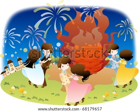 Happy Event with Attractive People - enjoying big party with romantic cute couples on flower garden on a background of beautiful night blue sky : vector illustration