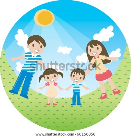 Enjoy Picnic and Happy Days background with blue sky and white cloud - smiling parents and young children with bright sunshine in green field on summer vacation