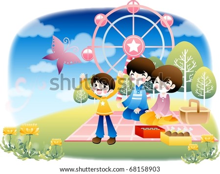 Enjoy Picnic and Happy Days background with blue sky and cloud - playing smiling and lovely young people with food for lunch in green field on spring vacation
