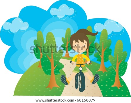 Enjoy Picnic and Happy Days background with blue sky and green plants - cycling smiling and lovely young girl with bike in natural park on spring vacation