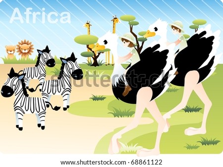 Happy Tour with Cute Animals - traveling in Africa with young people and scene of wildlife on the grassland background with blue sky and green plains : vector illustration