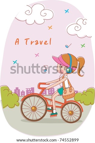 Play Time with Cute Friends - riding a bicycle lovely young girl with listening happy music and school bag on street of pretty park background with beautiful morning sky at sunrise - stock vector