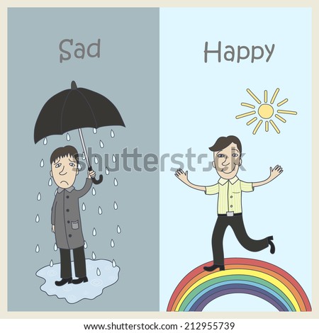 Human emotions - sadness and joy. Sad man under an umbrella, and happy running on a rainbow.
