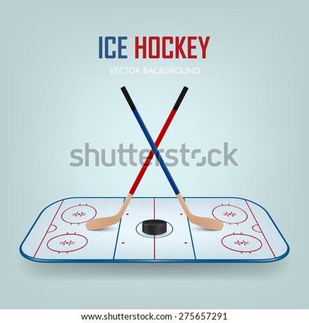 Ice hockey puck and crossed sticks on hockey field background. Vector EPS10 illustration.