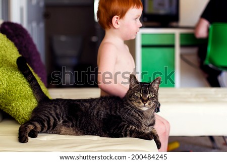 2 year old boy playing a video game while sitting in his living room with his 9 year old, male tabby cat -- image taken in Reno, Nevada, USA