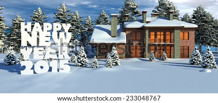 Suburban house in the fairy forest in snowy New Year`s Eve. Inscription - a Happy New Year.