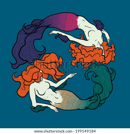 two red swirling underwater mermaid