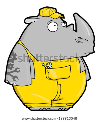Funny cartoon rhino locksmith. Rhinoceros in yellow workwear, cap and with Instrument.