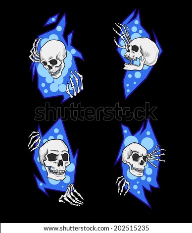 four cartoon skull peeking out of a hole with blue light