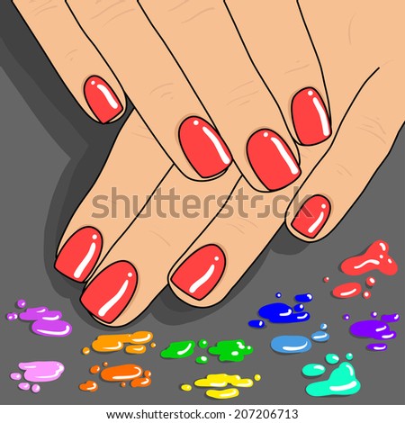 cartoon fingers with a nice manicure and different nail polish on the table