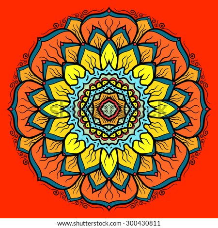Mandala. ethnic round Indian Ornament Pattern on a orange background