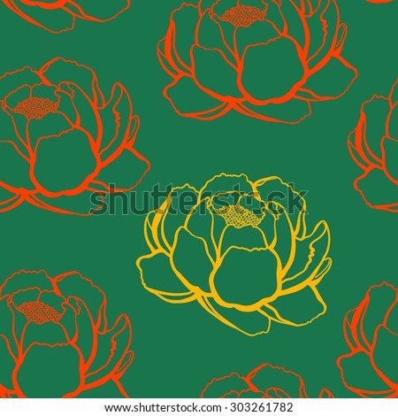 yellow and red outline rose on a green background, seamless pattern