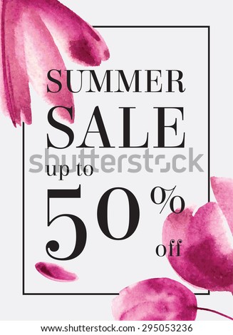 Summer sale up to 50 per cent off. Watercolor design. Web banner or poster for e-commerce, on-line cosmetics shop, fashion & beauty shop, store.