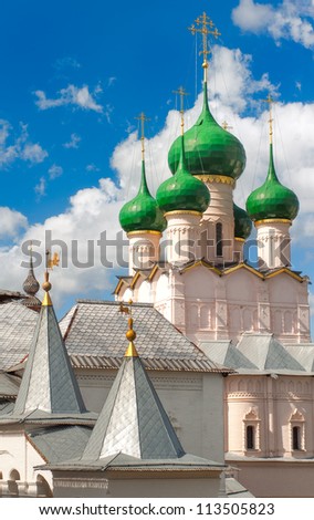 Domes of traditional russian orthodox church in Rostov Kremlin