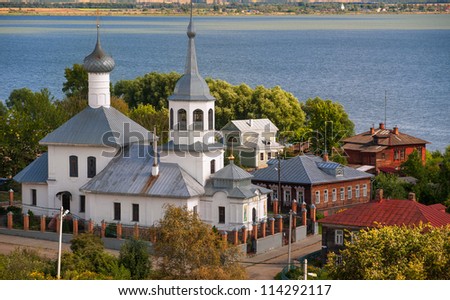 White church on lake in Rostov, small russian provincial town near Moscow