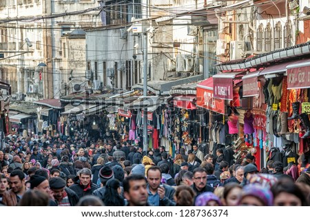 Istanbul, Turkey - February 24: Crowded Market Street On The Opening Of Grand Bazaar, In Istanbul City, Turkey On February 24, 2012
