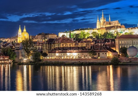 Prague at night, view of the Charles Bridge (Karluv Most) and castle. Prague Castle is the biggest ancient castle in the world.