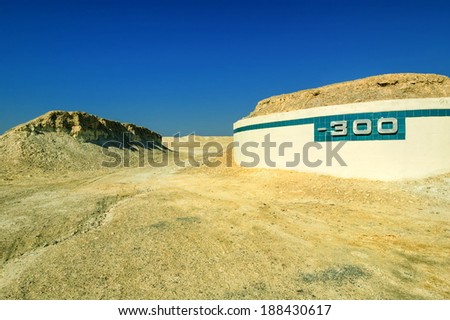 -300 meter below sea level mark on the lowest place on Earth, Dead Sea, Israel