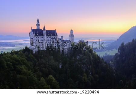 Neuschwanstein, the alpine dream castle of bavarian king Ludwig II in Bavaria, Germany, by the dawn