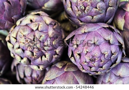 Close up of violet artichoke heads on the market booth